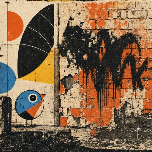 Original screen-print illustration of an urban wall and abstract shapes