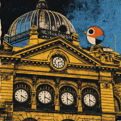 Original screen-print illustration of Flinders Street Station clocks