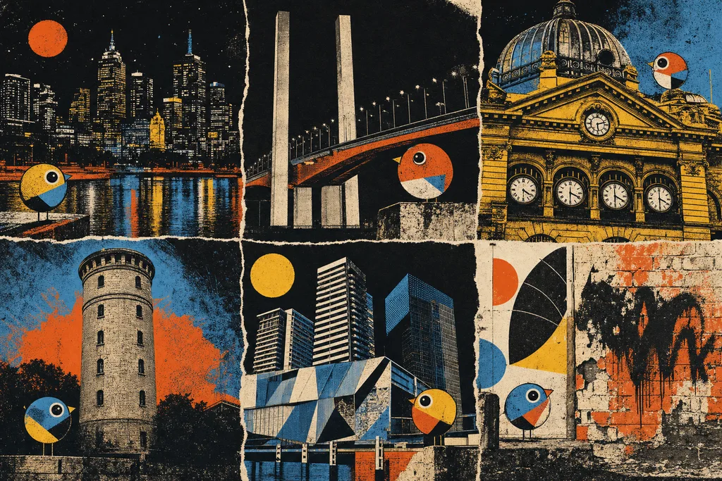 Original screen-print collage of Melbourne landmarks and abstract bird motifs