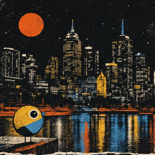 Original screen-print illustration of the Melbourne skyline at night